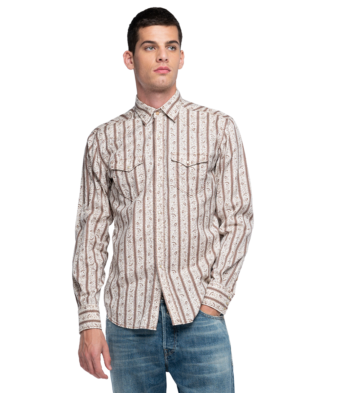 コットンテンセル レギュラーフローラルストライププリントシャツ 詳細画像 ライトブラウン 1